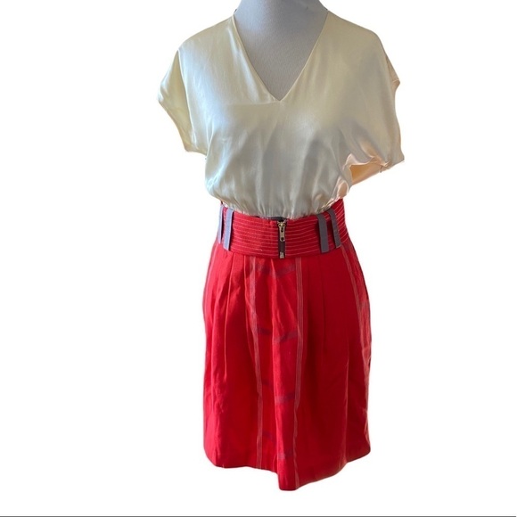 Lauren Moffatt - Red & Cream Silk Belted Dress Sz 4 - Picture 3 of 5